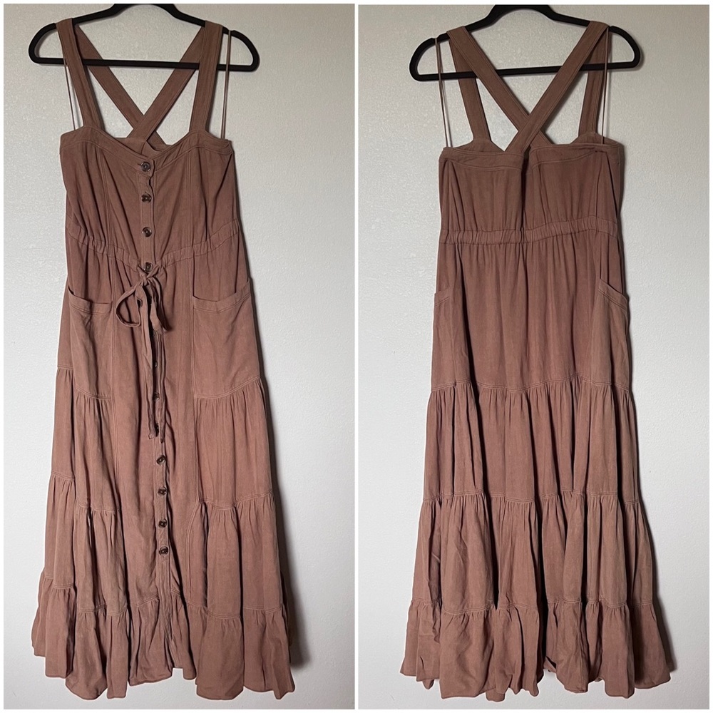 Free People Catch The Breeze Button Tiered Midi Dress Amber Wave Neutral Tan S - Picture 4 of 15